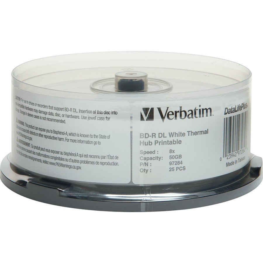Verbatim BD-R DL 50GB 8X, White Label, DataLife+, White Thermal Hub Printable, Hard Coat, 25PK Spindle 97284