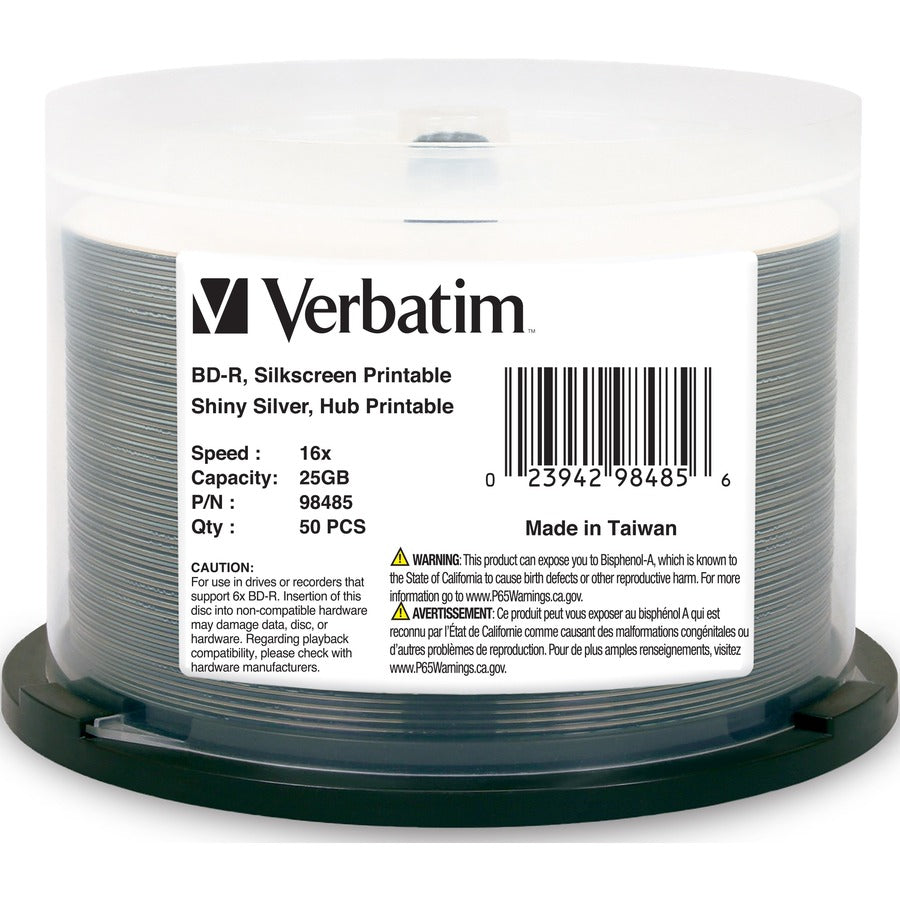 Verbatim BD-R 25GB 6X Shiny Silver Silk Screen Printable, Hub Printable - 50pk Spindle 98485
