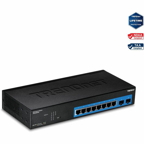 TRENDnet 10-Port Gigabit Web Smart Switch; 20 Gbps Switching Capacity; 8 x RJ-45 Ports; 2 x SFP; Slots; VLAN; QoS; LACP; IPv6 Support; Fanless; Rack Mountable; Lifetime Protection; TEG-082WS TEG-082WS