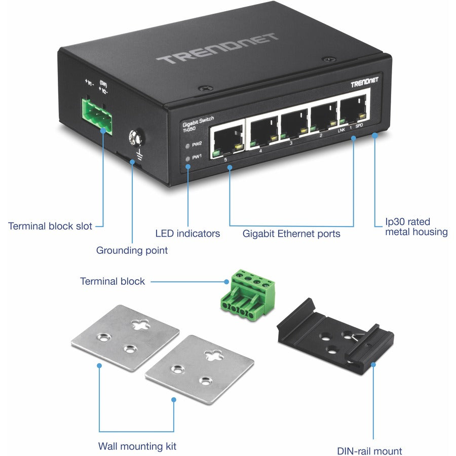 TRENDnet 5-Port Hardened Industrial Gigabit DIN-Rail Switch, 10 Gbps Switching Capacity, IP30 Rated Network Switch (-40 to 167 ?F), DIN-Rail & Wall Mounts Included, Lifetime Protection, Black, TI-G50 TI-G50