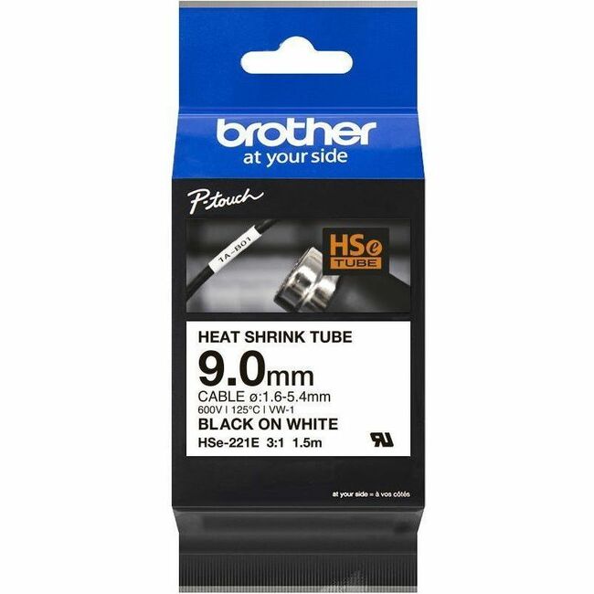 Brother HSe-221E Heat Shrink Tube Tape Cassette - Black on White, 9.0mm wide HSE221E