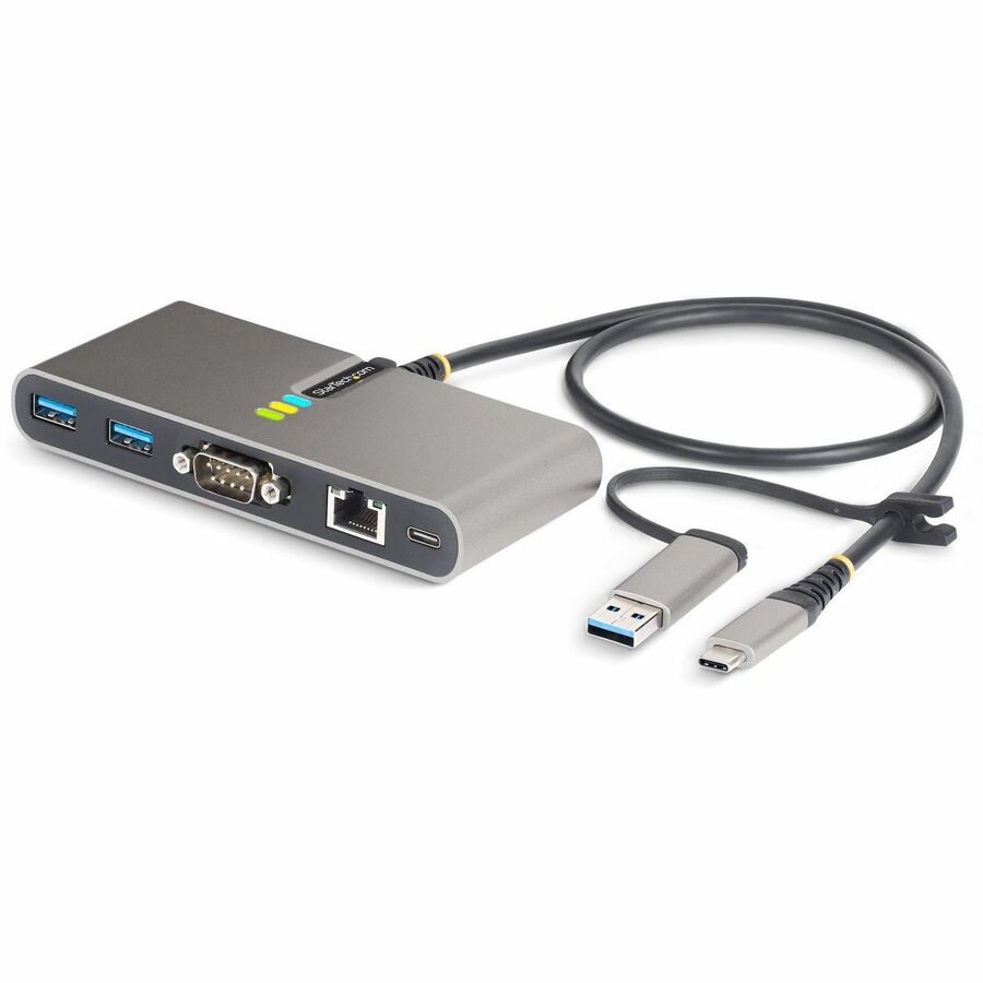 StarTech.com 2-Port USB-C Hub with Gb Ethernet and RS232 FTDI Serial, Attached USB-C to USB-A Dongle, 100W PD Pass-Through, 2x USB-A 5Gbps 5G2A1SGBB-USB-C-HUB