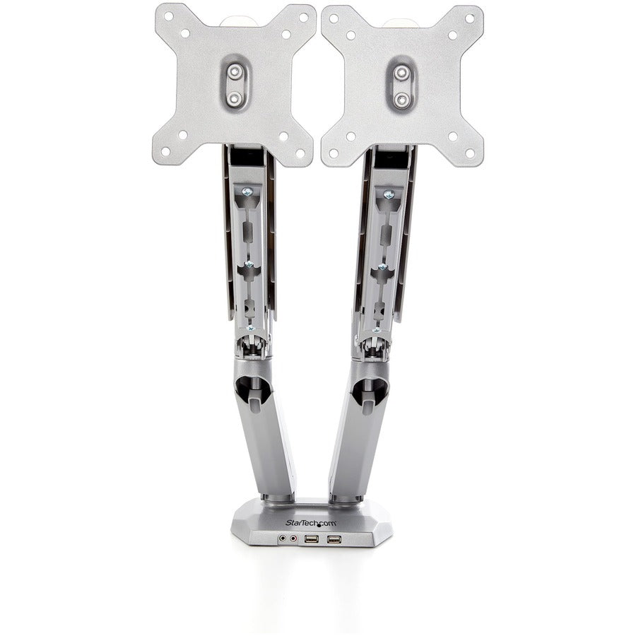 StarTech.com Desk Mount Dual Monitor Arm with USB & 3.5mm Audio - Desk Clamp Ergonomic VESA Mount for up to 32 inch Displays - Full Motion ARMSLIMDUOS
