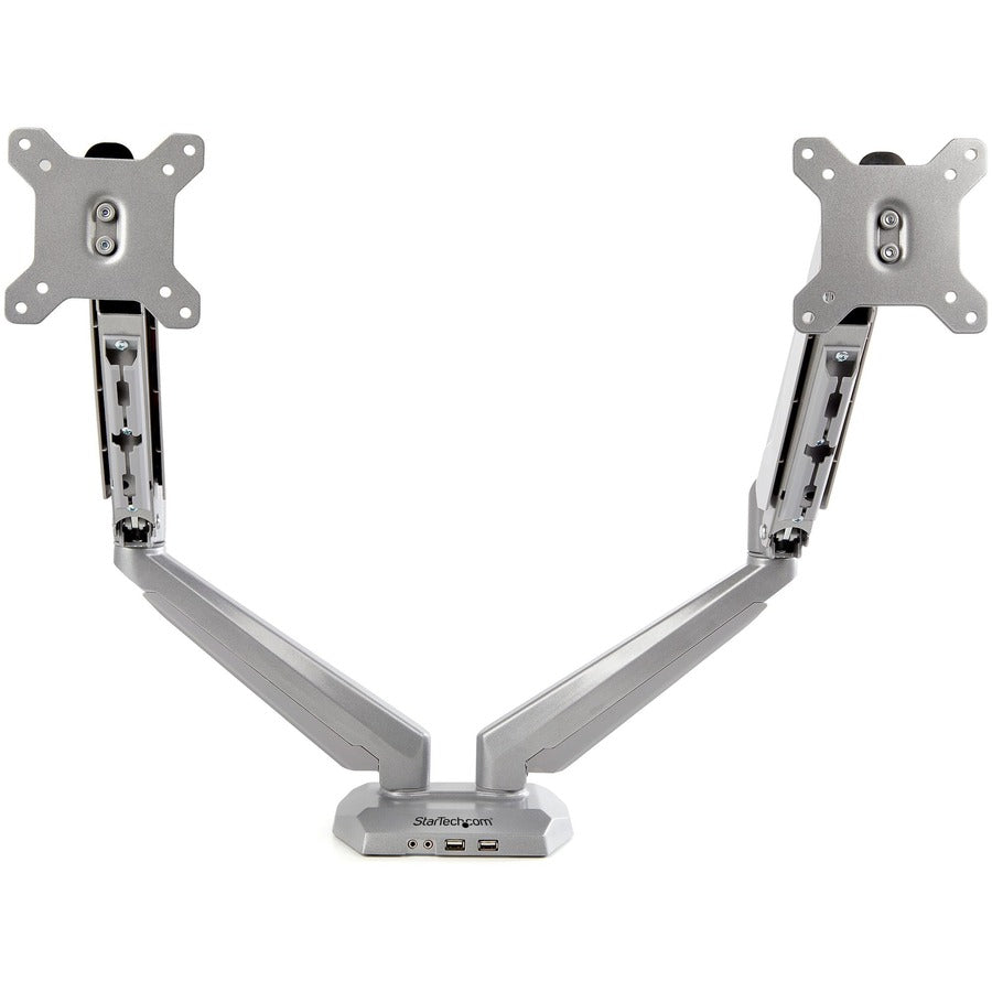 StarTech.com Desk Mount Dual Monitor Arm with USB & 3.5mm Audio - Desk Clamp Ergonomic VESA Mount for up to 32 inch Displays - Full Motion ARMSLIMDUOS