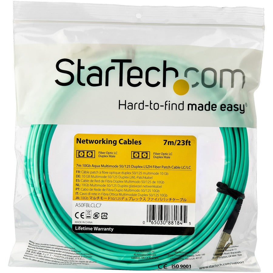 StarTech.com 7m OM3 LC to LC Multimode Duplex Fiber Optic Patch Cable - Aqua - 50/125 - LSZH Fiber Optic Cable - 10Gb (A50FBLCLC7) A50FBLCLC7