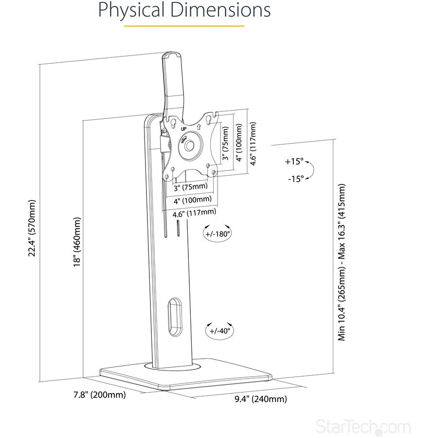 StarTech.com Support de moniteur simple sur pied, support de bureau ergonomique réglable en hauteur, pour écrans à montage VESA jusqu'à 32" (15 lb) FPPNEUSTND