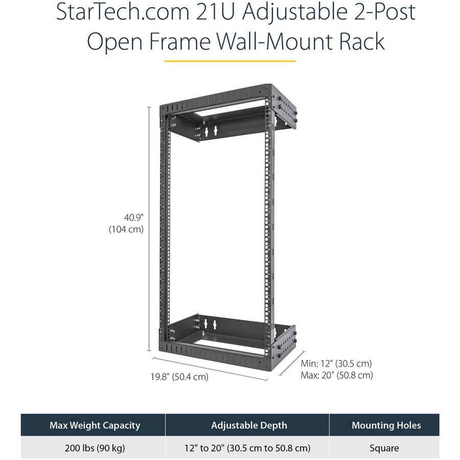 StarTech.com 21U 19" Wall Mount Network Rack - Adjustable Depth 12-20" Open Frame for Server Room /AV/Data/Computer Equipment w/Cage Nuts RACK-21U-20-WALL-OA