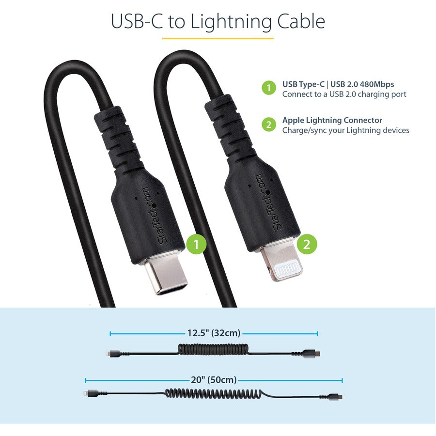 StarTech.com Câble USB C vers Lightning 50 cm, certifié MFi, câble de chargeur enroulé pour iPhone, noir, gaine TPE en fibre d'aramide RUSB2CLT50CMBC