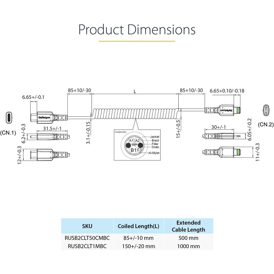 StarTech.com Câble USB C vers Lightning 50 cm, certifié MFi, câble de chargeur enroulé pour iPhone, noir, gaine TPE en fibre d'aramide RUSB2CLT50CMBC