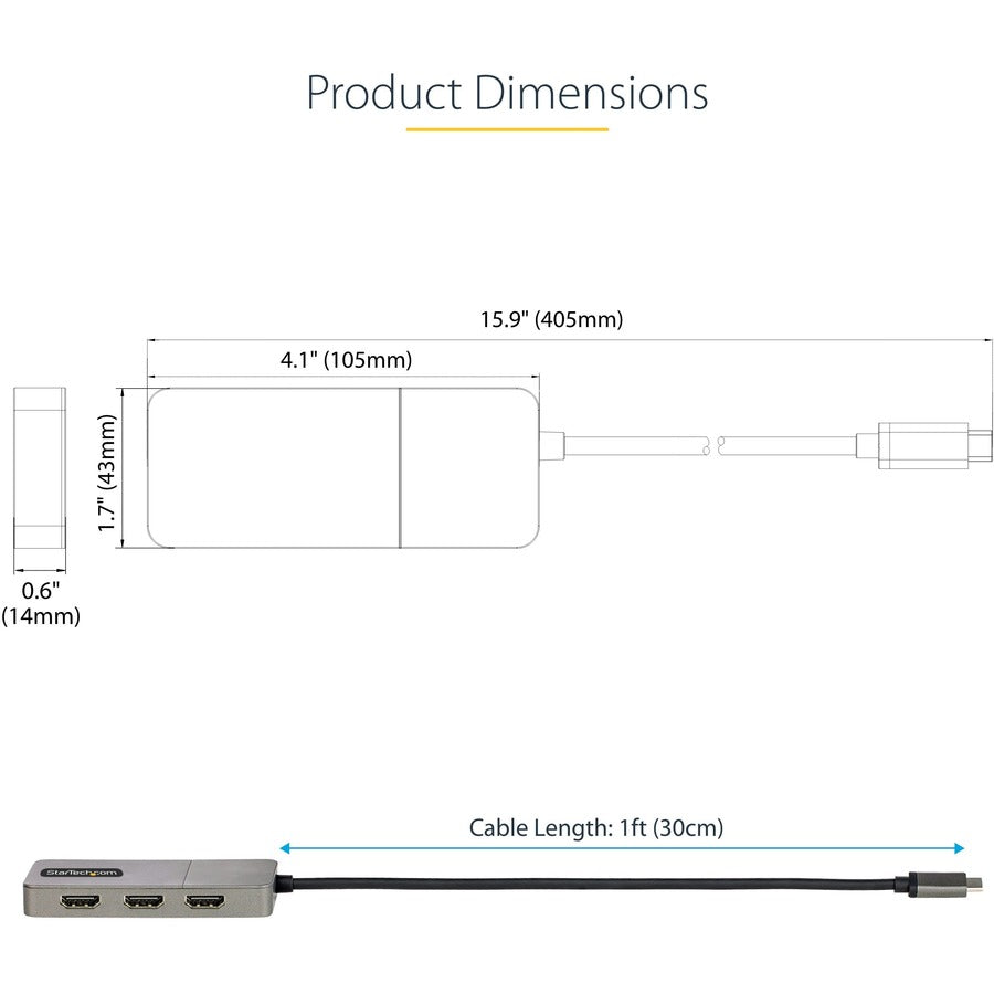 Startech 3-Port USB-C MST Hub, Triple HDMI up to 4K 60Hz w/DP 1.4 Alt Mode & DSC, Multi-Monitor Adapter/Splitter, Windows Only MST14CD123HD