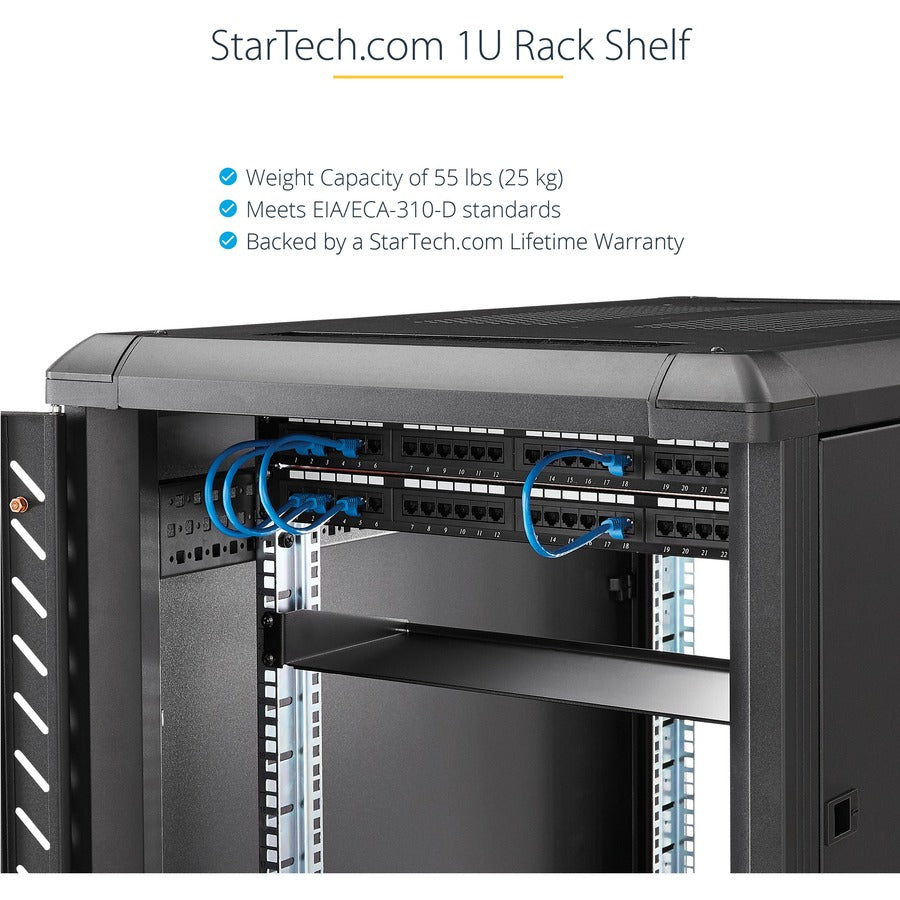 StarTech.com Étagère d'armoire de serveur 1U – Plateau de montage en rack en porte-à-faux fixe de 12 po de profondeur pour boîtier de données/AV/réseau de 19 po avec écrous cage et vis SHELF-1U-12-FIXED-S