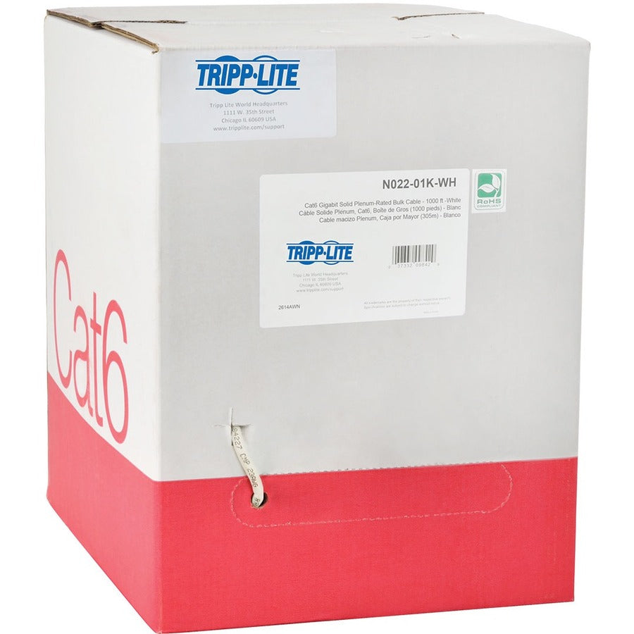 Tripp Lite by Eaton Cat6 Gigabit Bulk Solid-Core Plenum-Rated Câble PVC, Blanc, 1000 pieds N224-01K-WH
