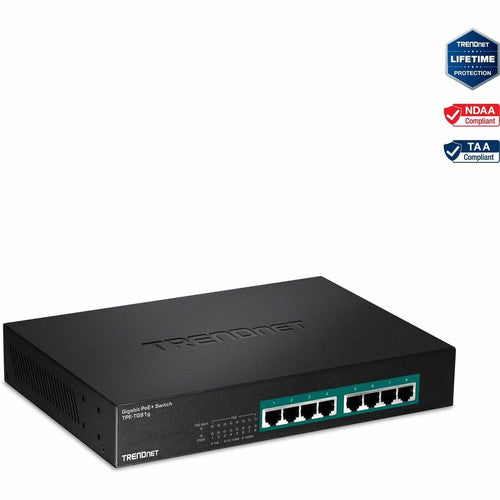 Commutateur PoE+ GREENnet Gigabit à 8 ports TRENDnet ; TPE-TG81g ; 8 ports Gigabit PoE+ ; Montable en rack ; Jusqu'à 30 W par port avec un budget de puissance total de 110 W ; Commutateur réseau Ethernet ; Métal; Protection à vie TPE-TG81g
