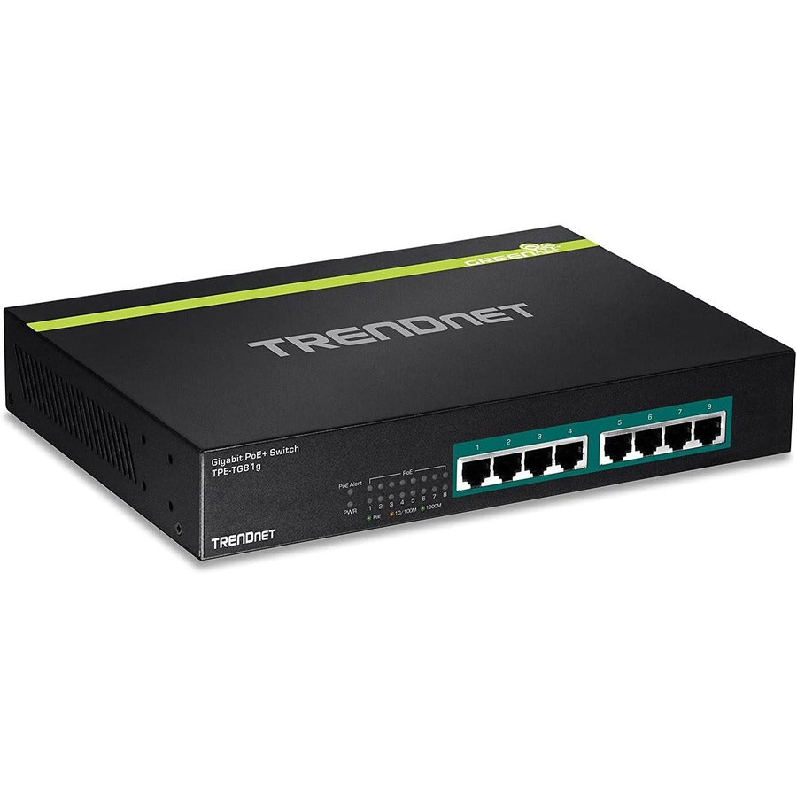 Commutateur PoE+ GREENnet Gigabit à 8 ports TRENDnet ; TPE-TG81g ; 8 ports Gigabit PoE+ ; Montable en rack ; Jusqu'à 30 W par port avec un budget de puissance total de 110 W ; Commutateur réseau Ethernet ; Métal; Protection à vie TPE-TG81g