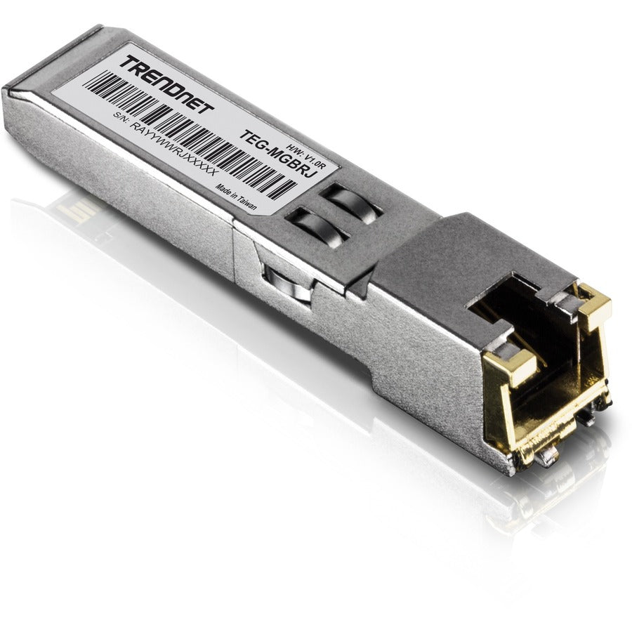Module SFP en cuivre TRENDnet SFP vers RJ45 1000BASE-T ; TEG-MGBRJ ; 100 m (328 pieds); Connecteur RJ45 ; Enfichable à chaud ; Prend en charge des débits de données jusqu'à 1,25 Gbit/s ; Ethernet Gigabit IEEE 802.3ab ; Protection à vie TEG-MGBRJ