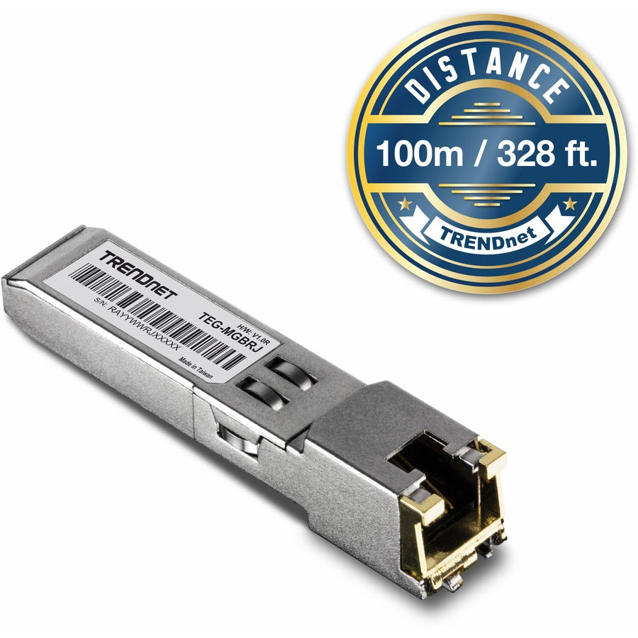Module SFP en cuivre TRENDnet SFP vers RJ45 1000BASE-T ; TEG-MGBRJ ; 100 m (328 pieds); Connecteur RJ45 ; Enfichable à chaud ; Prend en charge des débits de données jusqu'à 1,25 Gbit/s ; Ethernet Gigabit IEEE 802.3ab ; Protection à vie TEG-MGBRJ