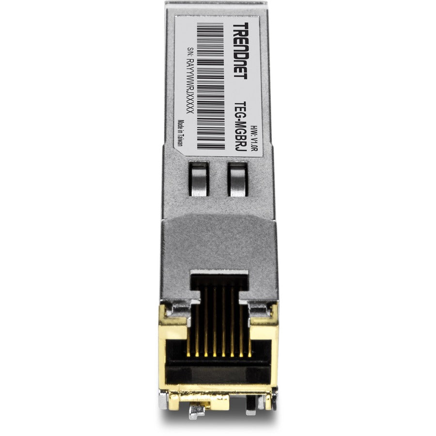 Module SFP en cuivre TRENDnet SFP vers RJ45 1000BASE-T ; TEG-MGBRJ ; 100 m (328 pieds); Connecteur RJ45 ; Enfichable à chaud ; Prend en charge des débits de données jusqu'à 1,25 Gbit/s ; Ethernet Gigabit IEEE 802.3ab ; Protection à vie TEG-MGBRJ