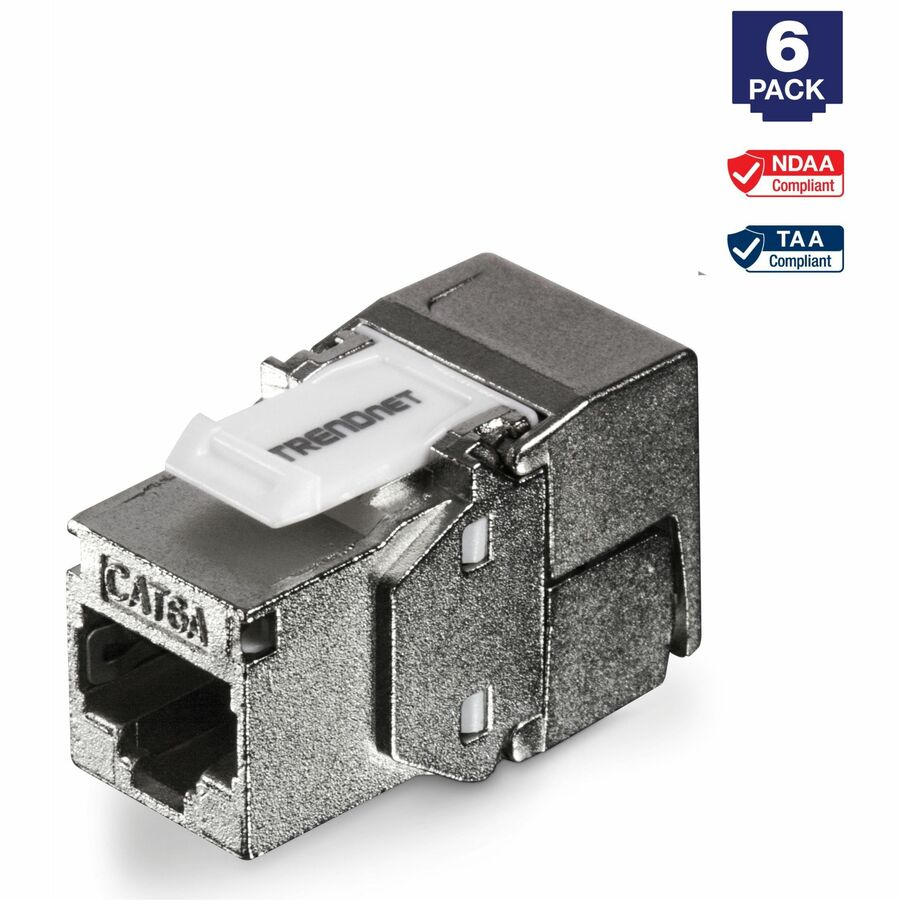 TRENDnet Shielded Cat6A Keystone Jack, 6-Pack Bundle, TC-K06C6A, 180° Angle Termination, Compatible with Cat5/Cat5e/Cat6 Cabling, Use w/ TC-KP24S Shielded Blank Keystone Patch Panel (sold separately) TC-K06C6A