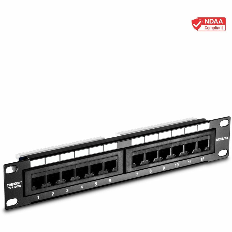 Panneau de brassage non blindé TRENDnet 12 ports Cat5/5e, TC-P12C5E, montage mural ou en rack, 10 pouces de large, 12 ports Ethernet Gigabit RJ-45, connexion 100 Mhz, étiquetage à code couleur, 110 borniers IDC TC-P12C5E