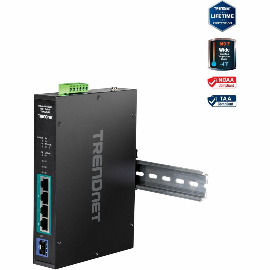 TRENDnet 5-port Industrial Gigabit PoE+ DIN-Rail Switch -20° - 65°C (-4° - 149°F) TI-PGM541