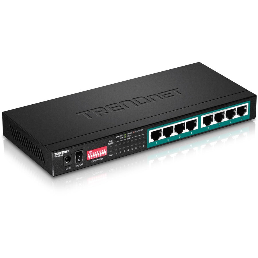 Commutateur Poe+ longue portée Gigabit à 8 ports TRENDnet ; TPE-LG80 ; Budget PoE 65 W ; Commutateur Ethernet/réseau ; Poe+ longue portée étend la portée jusqu'à 200 m (656 pieds) ; Capacité de commutation de 16 Gbit/s ; Protection à vie TPE-LG80
