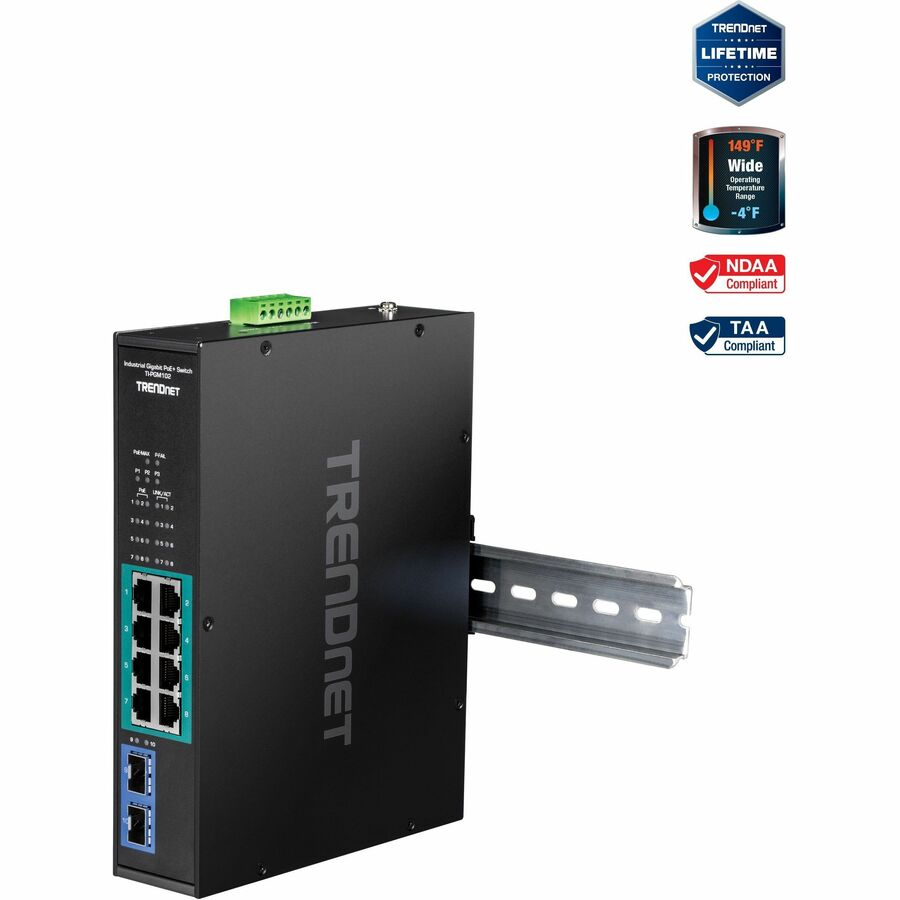 TRENDnet 10-Port Industrial Gigabit PoE+ DIN-Rail Switch -20° - 65°C (-4° - 149°F) TI-PGM102