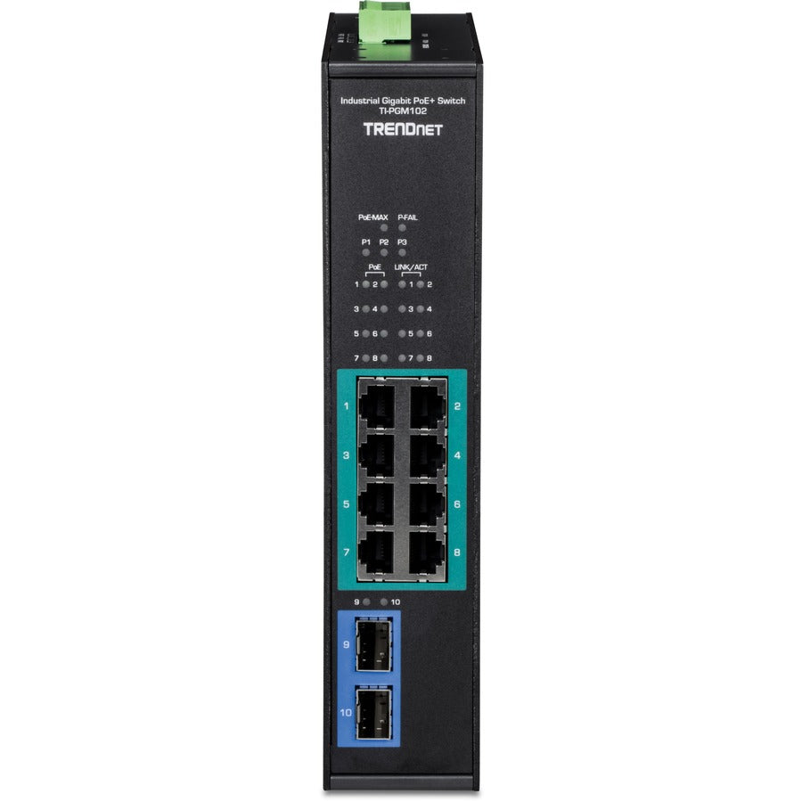 TRENDnet 10-Port Industrial Gigabit PoE+ DIN-Rail Switch -20° - 65°C (-4° - 149°F) TI-PGM102