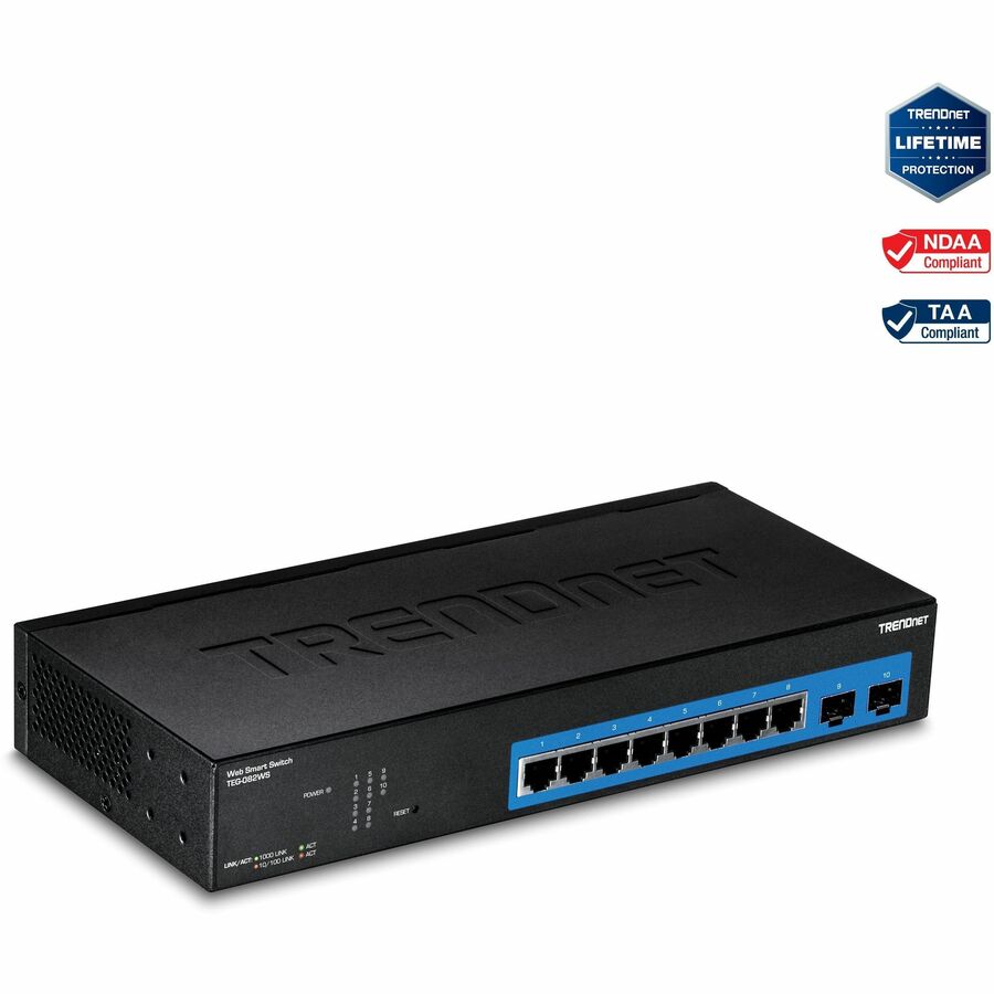 TRENDnet 10-Port Gigabit Web Smart Switch; 20 Gbps Switching Capacity; 8 x RJ-45 Ports; 2 x SFP; Slots; VLAN; QoS; LACP; IPv6 Support; Fanless; Rack Mountable; Lifetime Protection; TEG-082WS TEG-082WS