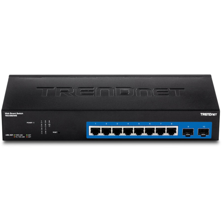 TRENDnet 10-Port Gigabit Web Smart Switch; 20 Gbps Switching Capacity; 8 x RJ-45 Ports; 2 x SFP; Slots; VLAN; QoS; LACP; IPv6 Support; Fanless; Rack Mountable; Lifetime Protection; TEG-082WS TEG-082WS