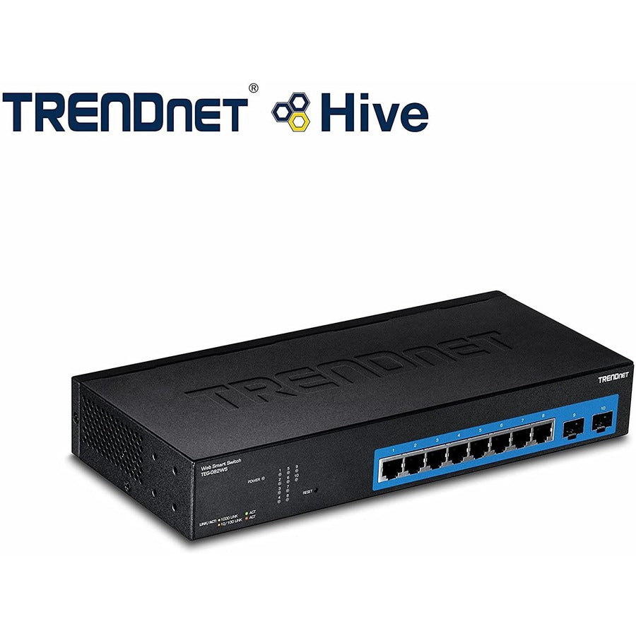 TRENDnet 10-Port Gigabit Web Smart Switch; 20 Gbps Switching Capacity; 8 x RJ-45 Ports; 2 x SFP; Slots; VLAN; QoS; LACP; IPv6 Support; Fanless; Rack Mountable; Lifetime Protection; TEG-082WS TEG-082WS