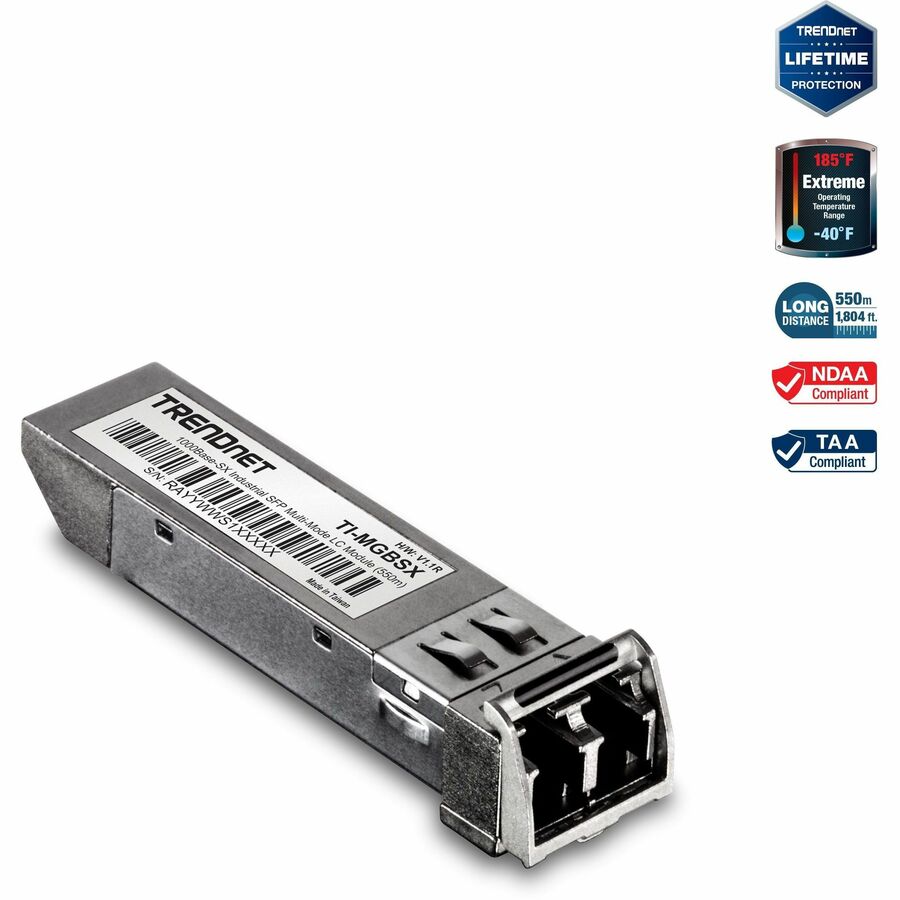 TRENDnet 1000Base- SX Industrial SFP to RJ45 Multi-Mode LC Module; TI-MGBSX; Up to 550m (1;804 Ft); IEE 802.3z; ANSI Fiber Channel; Data Rates up to 1.25Gbps; LC-Type Duplex; Lifetime Protection TI-MGBSX