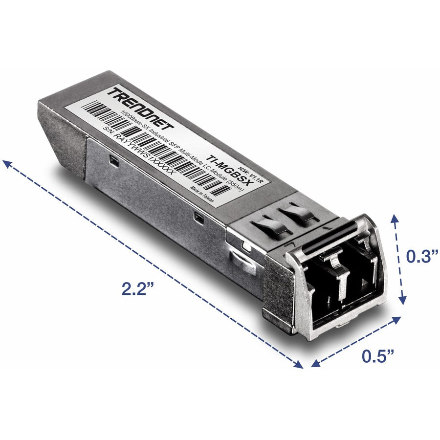 TRENDnet 1000Base- SX Industrial SFP to RJ45 Multi-Mode LC Module; TI-MGBSX; Up to 550m (1;804 Ft); IEE 802.3z; ANSI Fiber Channel; Data Rates up to 1.25Gbps; LC-Type Duplex; Lifetime Protection TI-MGBSX