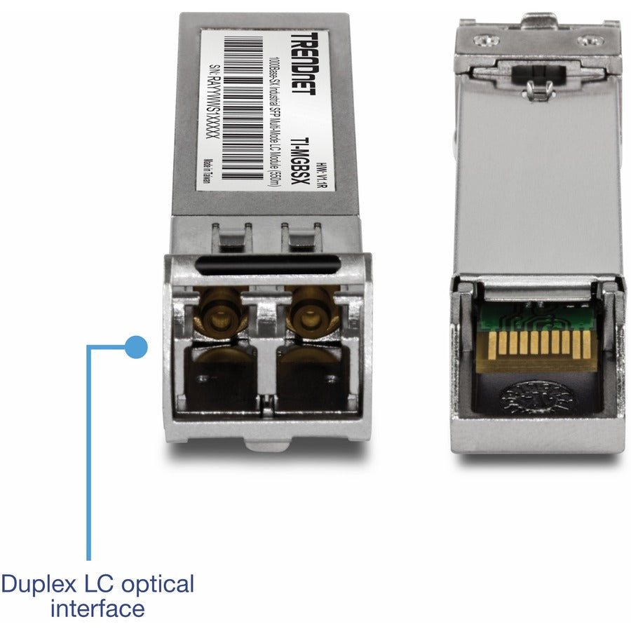 TRENDnet 1000Base- SX Industrial SFP to RJ45 Multi-Mode LC Module; TI-MGBSX; Up to 550m (1;804 Ft); IEE 802.3z; ANSI Fiber Channel; Data Rates up to 1.25Gbps; LC-Type Duplex; Lifetime Protection TI-MGBSX
