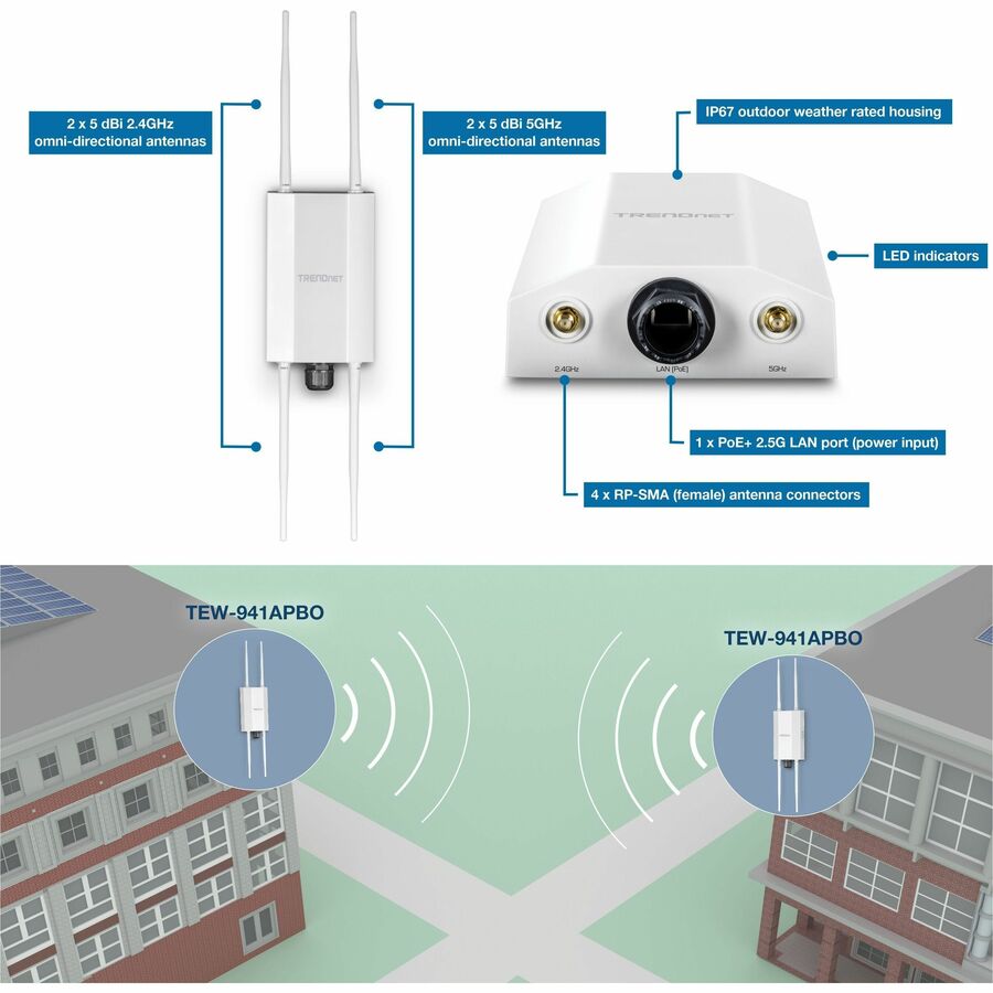 TRENDnet TEW-941APBO Point d'accès sans fil double bande IEEE 802.11 a/b/g/n/ac/ax 1,73 Gbit/s - Extérieur - Conforme TAA TEW-941APBO