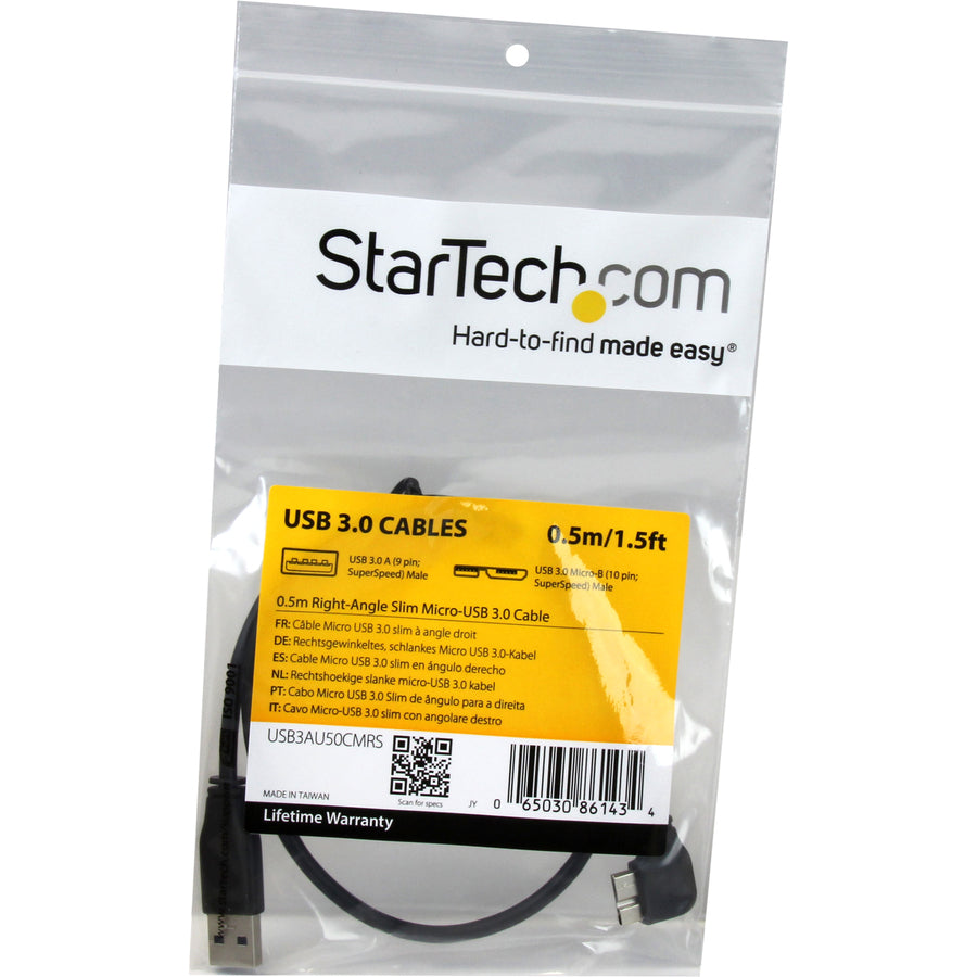 StarTech.com Câble micro USB 3.0 fin de 0,5 m - M/M - USB 3.0 A vers micro USB à angle droit - USB 3.1 Gen 1 (5 Gbit/s) USB3AU50CMRS
