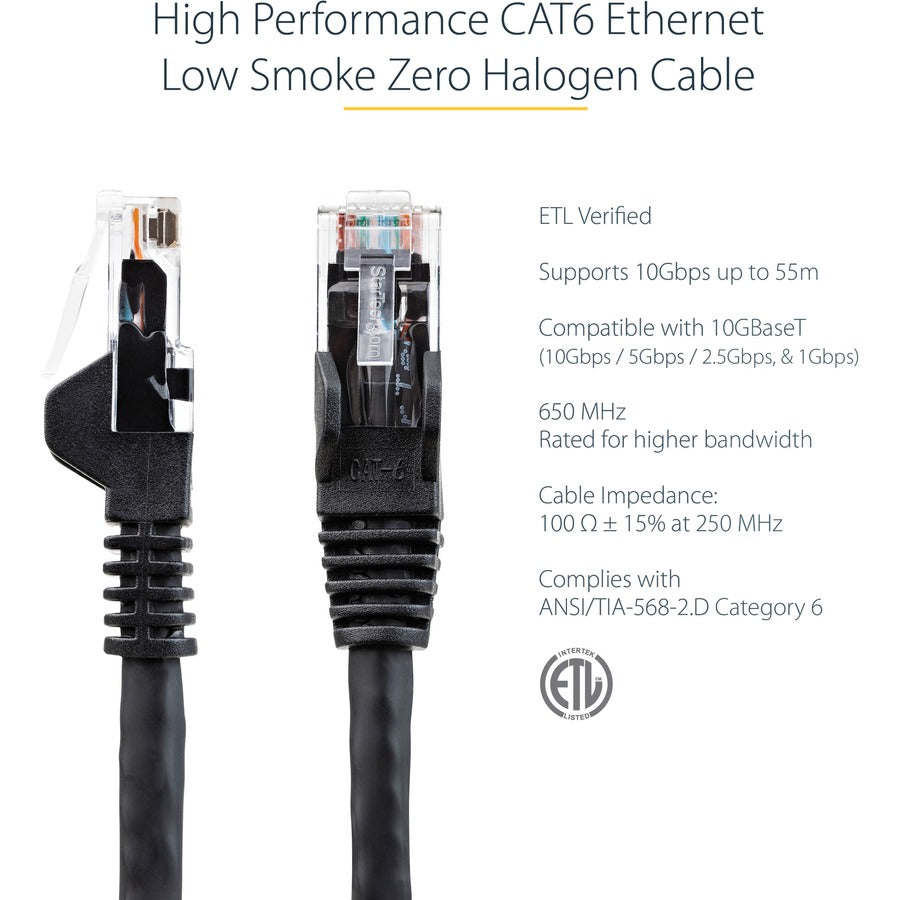StarTech.com Câble Ethernet CAT6 de 15 cm, LSZH (faible fumée sans halogène) 10 GbE sans accroc 100 W PoE UTP RJ45 cordon de brassage réseau noir, ETL N6LPATCH6INBK