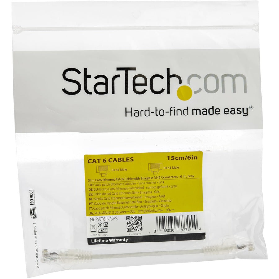 StarTech.com Câble CAT6 6 pouces - Cordon de brassage CAT6 fin - Connecteurs RJ45 gris sans accroc - Câble Ethernet Gigabit - 28 AWG - LSZH (N6PAT6INGRS) N6PAT6INGRS