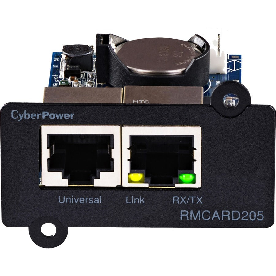 Matériel CyberPower UPS Systems RMCARD205 - Protocoles pris en charge : TCP/IP, UDP, FTP, SCP, DHCP, DNS, SSH, Telnet, HTTP/HTTPS, SNMPv1/v3, IPv4/v6, NTP, SMTP et Syslog RMCARD205