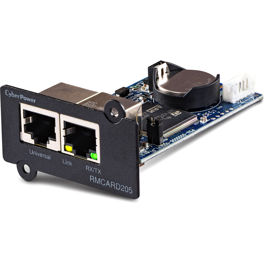 Matériel CyberPower UPS Systems RMCARD205 - Protocoles pris en charge : TCP/IP, UDP, FTP, SCP, DHCP, DNS, SSH, Telnet, HTTP/HTTPS, SNMPv1/v3, IPv4/v6, NTP, SMTP et Syslog RMCARD205