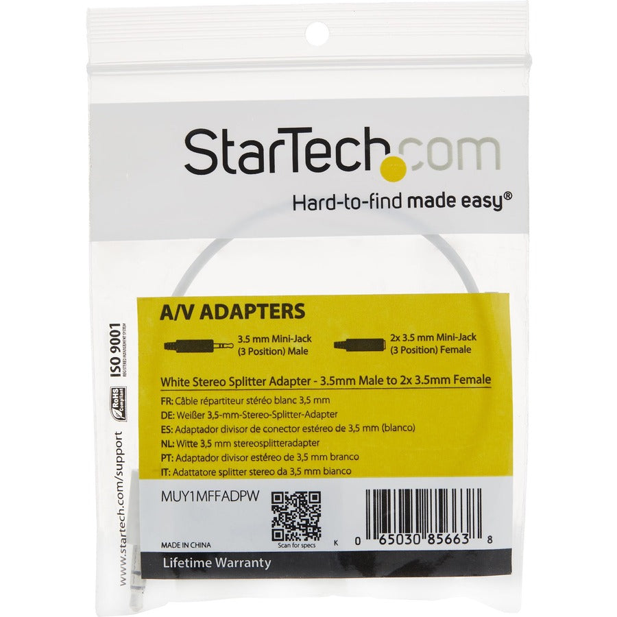 StarTech.com Adaptateur de câble répartiteur de casque mini jack fin blanc - 3,5 mm mâle vers 2 x 3,5 mm femelle MUY1MFFADPW