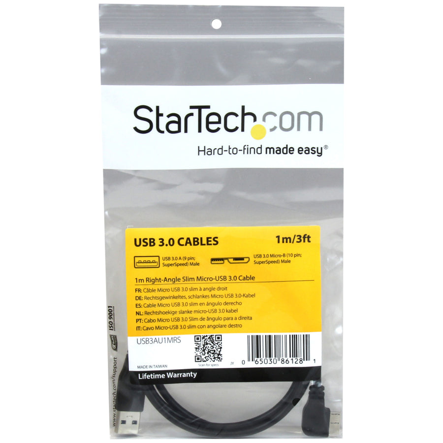 StarTech.com 1m 3 ft Slim Micro USB 3.0 Cable - M/M - USB 3.0 A to Right-Angle Micro USB - USB 3.1 Gen 1 (5 Gbps) USB3AU1MRS