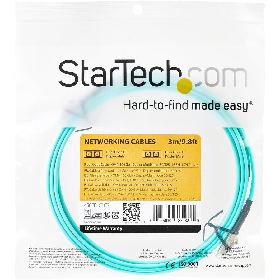StarTech.com Fibre multimode duplex Aqua OM4 - 3 m - 100 Go - 50/125 - Fibre OM4 - Câble de brassage fibre LC vers LC 450FBLCLC3