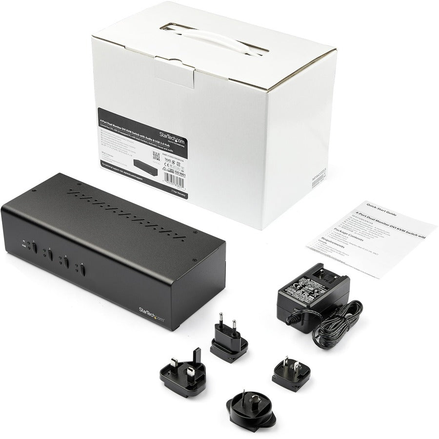 StarTech.com Commutateur KVM DVI double écran 4 ports – Commutateur KVM USB compact à double écran avec hub USB 3.0 et audio – Conforme TAA SV431DD2DU3A