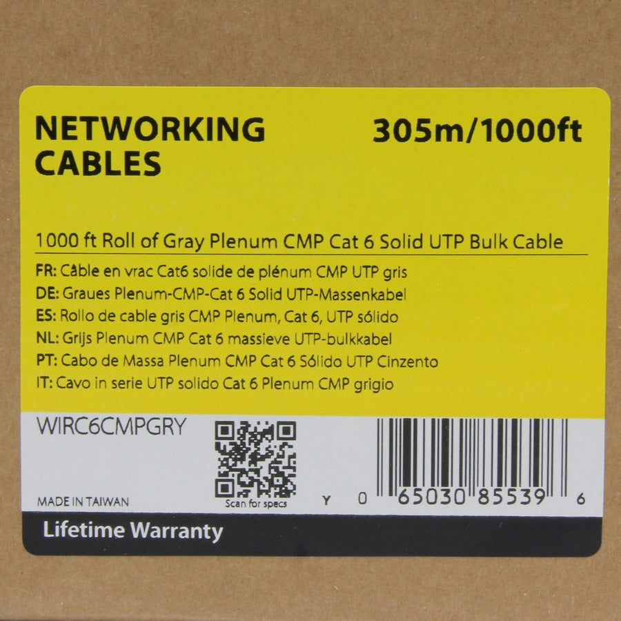 StarTech.com Rouleau de 1 000 pieds de câble en vrac UTP solide CMP Cat 6 pour plénum gris WIRC6CMPGRY