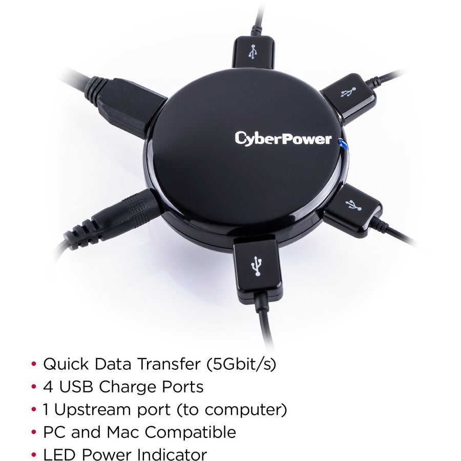 CyberPower CPH430PB USB 3.0 Superspeed Hub with 4 Ports and 3.6A AC Charger - Black CPH430PB