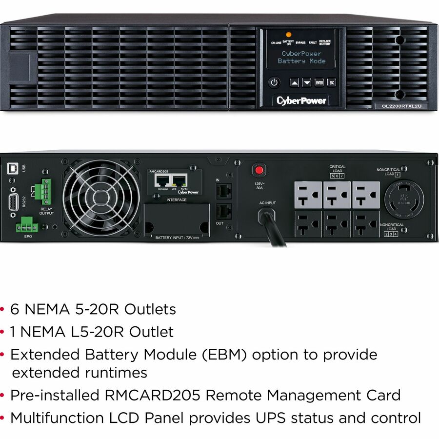 CyberPower UPS Systems OL2200RTXL2UN Application intelligente en ligne - Capacité : 2 200 VA / 1 800 W OL2200RTXL2UN