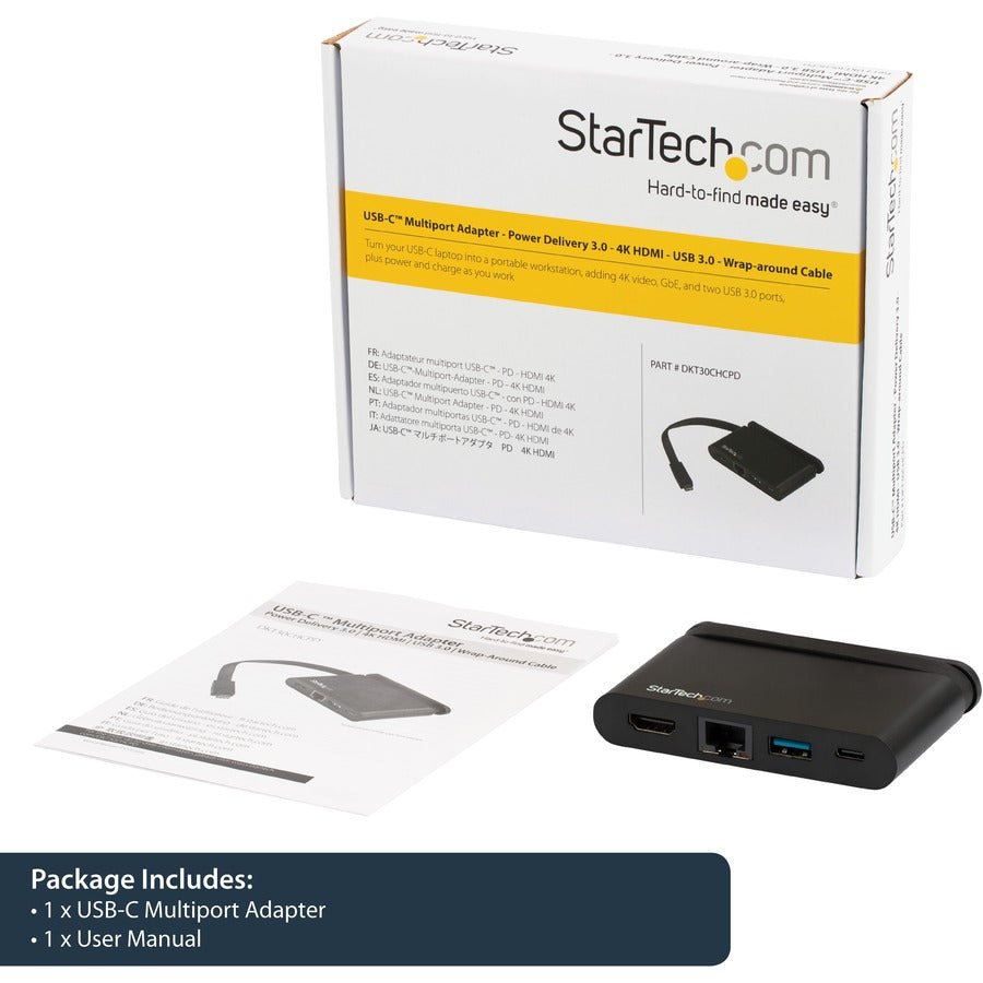 StarTech.com Adaptateur multiport USB C - Station d'accueil de voyage USB-C vers HDMI 4K, 100 W PD 3.0 Pass-Through, USB-A USB-C, GbE - Station d'accueil USB Type-C portable DKT30CHCPD