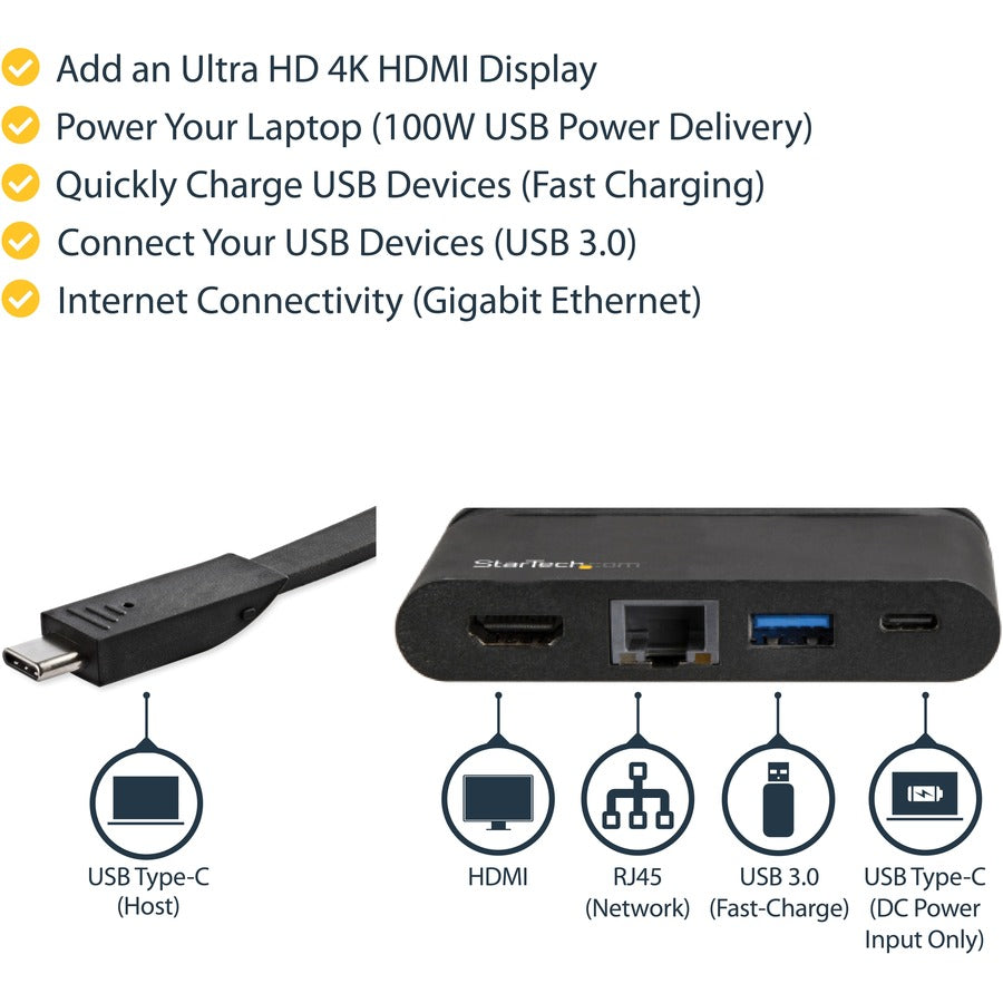StarTech.com USB C Multiport Adapter - USB-C Travel Dock to 4K HDMI, 100W PD 3.0 Pass-Through, USB-A USB-C, GbE - Portable USB Type-C Dock DKT30CHCPD
