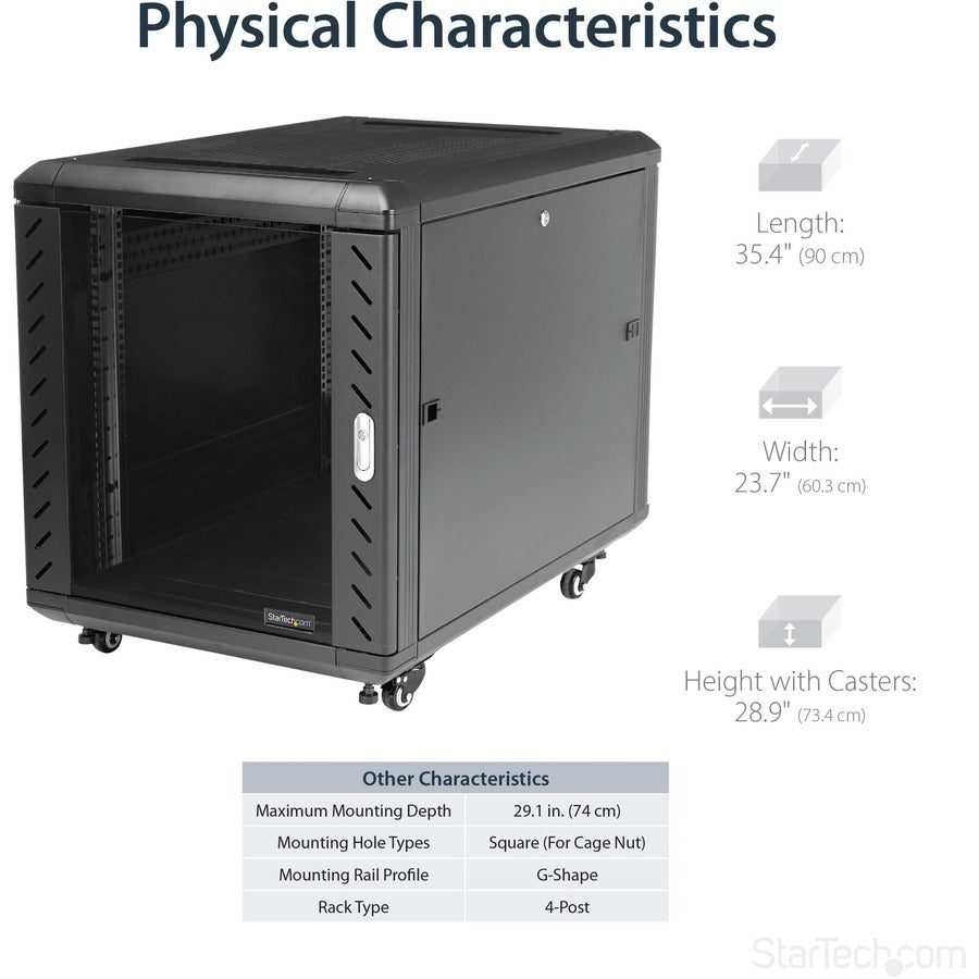 StarTech.com 12U AV Rack Cabinet - Network Rack with Glass Door - 19 inch Computer Cabinet for Server Room or Office (RK1236BKF) RK1236BKF
