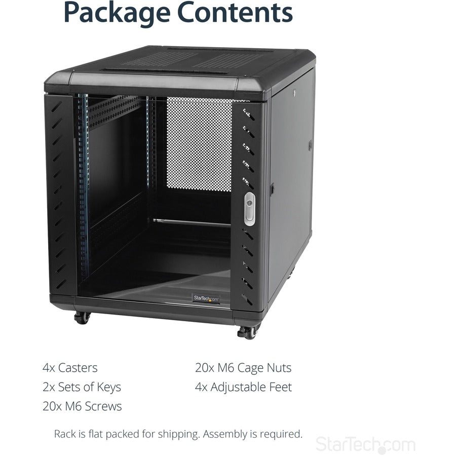 StarTech.com 12U AV Rack Cabinet - Network Rack with Glass Door - 19 inch Computer Cabinet for Server Room or Office (RK1236BKF) RK1236BKF